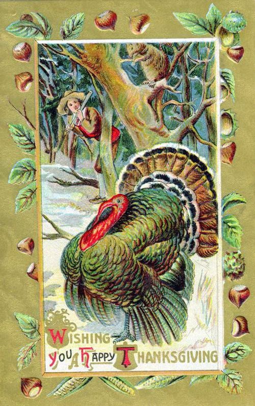 Vintage Thanksgiving Greeting Card with Turkey & Squirrel, Victorian Era