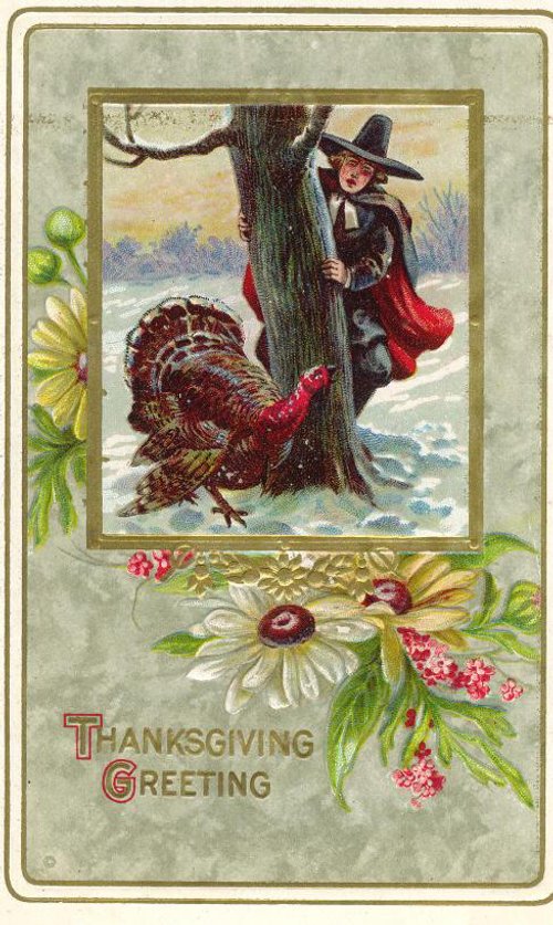 Vintage Thanksgiving Greeting Card with Pilgrim & Turkey