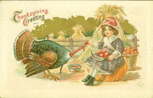 Victorian Thanksgiving Greeting Card Turkey & Child Harvest Scene