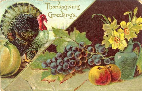Victorian Thanksgiving Greetings Card with Turkey & Harvest Fruit