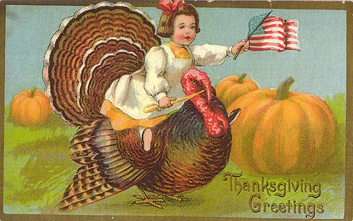 Vintage Thanksgiving Greeting Card with Turkey and Patriotic Child