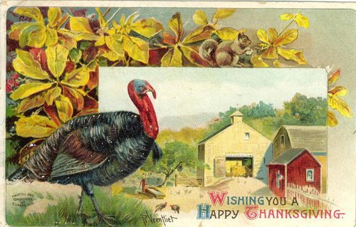 Vintage Thanksgiving Greeting Card with Turkey & Farm