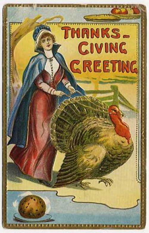 Vintage Thanksgiving Greeting Card with Turkey & Pilgrim Woman