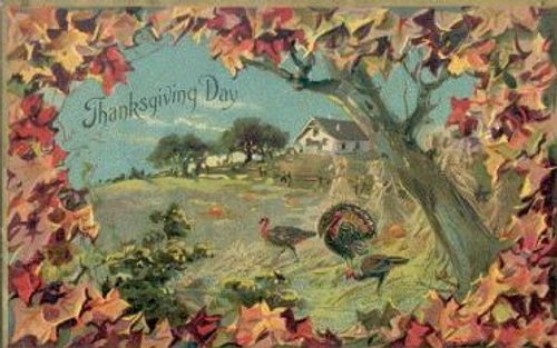 Victorian Thanksgiving Day Greeting Card with Rural Farmhouse Scene