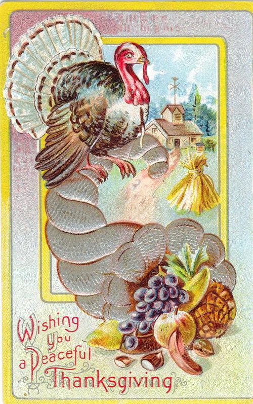 Vintage Thanksgiving Greeting Card with Turkey & Harvest Fruits