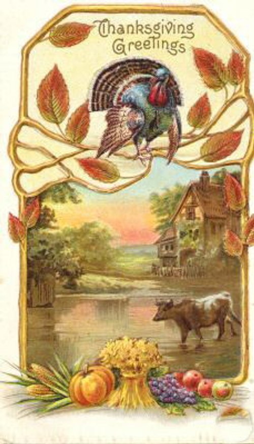 Victorian Thanksgiving Greetings Card with Turkey & Rural Harvest