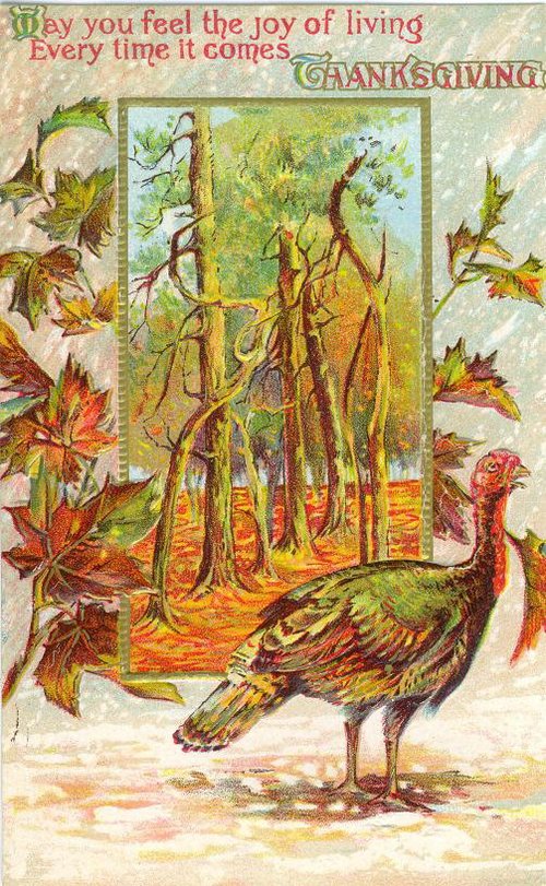 Vintage Thanksgiving Greeting Card with Turkey & Forest Scene