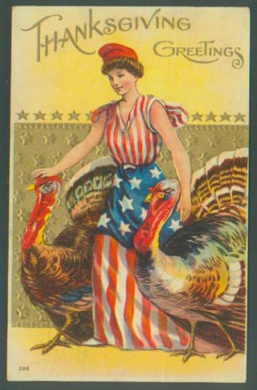 Vintage Thanksgiving Greetings Card with Patriotic Woman and Turkey