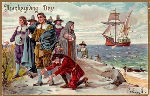 Victorian Thanksgiving Day Greeting Card - Colonial Landing Scene