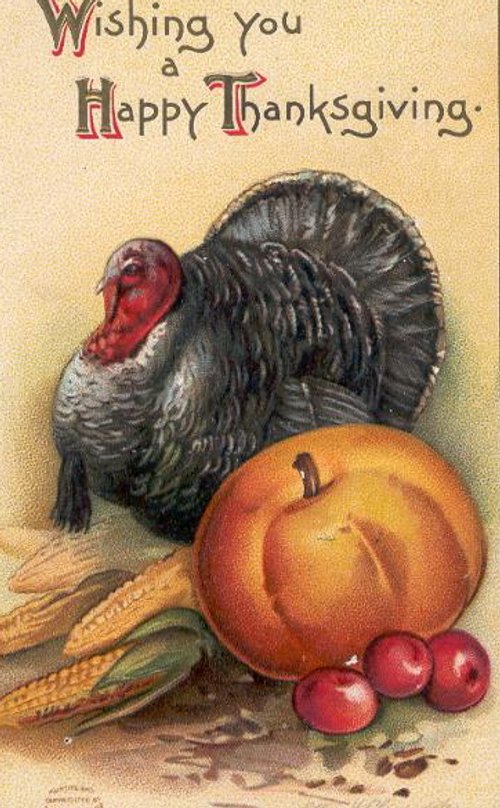 Vintage Happy Thanksgiving Turkey & Harvest Greeting Card