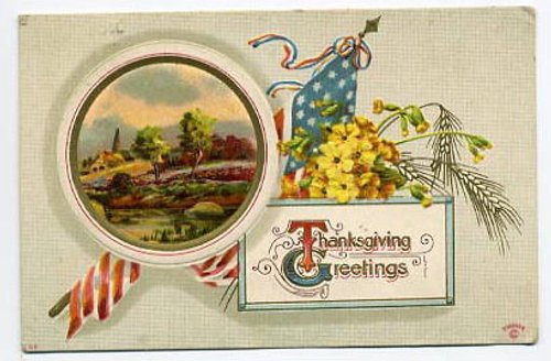 Vintage Thanksgiving Greetings Card with Harvest Landscape & Yellow Flowers
