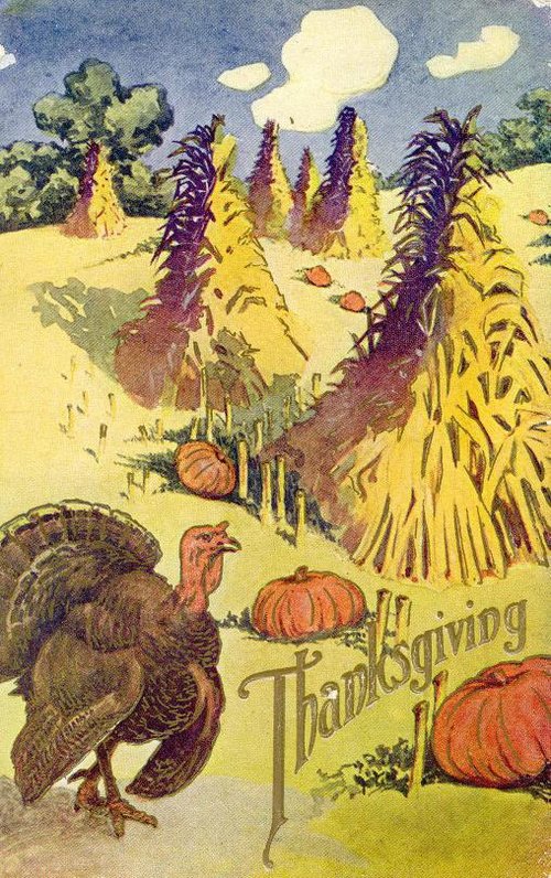 Vintage Thanksgiving Greeting Card with Turkey & Corn Field