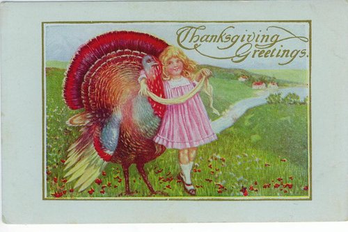 Vintage Thanksgiving Greetings Card with Turkey & Girl