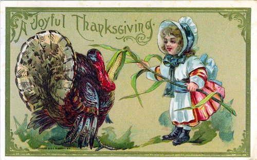 Joyful Thanksgiving Victorian Greeting Card with Girl and Turkey