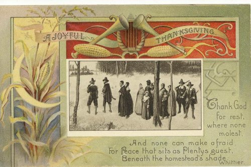 Vintage Thanksgiving Greeting Card with Pilgrims & Harvest