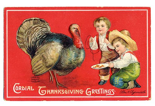 Cordial Thanksgiving Greetings Vintage Card with Turkey and Children