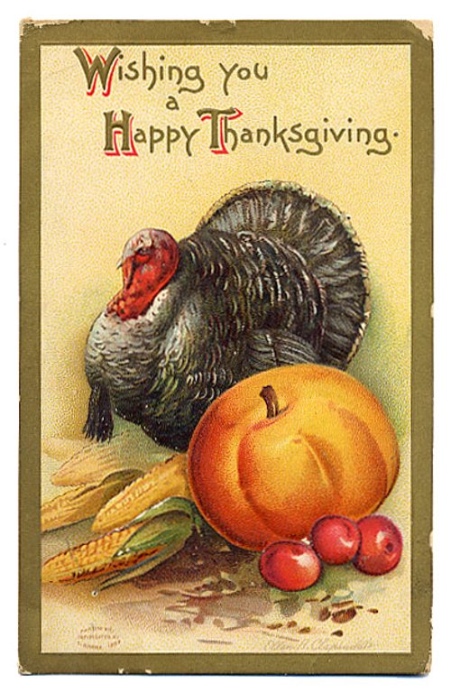 Vintage Thanksgiving Greeting Card with Turkey & Harvest Produce