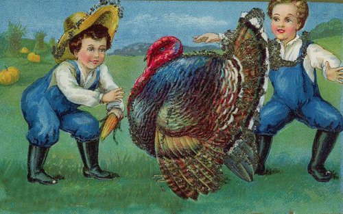 Victorian Children Turkey Farm Greeting Card Vintage
