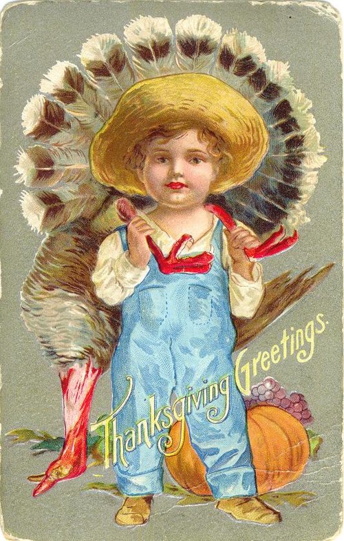 Vintage Thanksgiving Greeting Card with Child & Turkey Feathers, Victorian Era