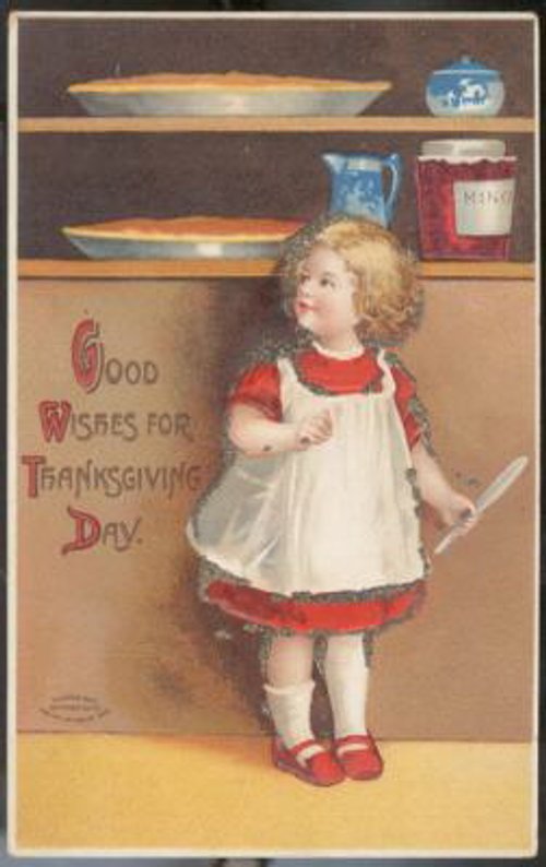 Vintage Thanksgiving Day Greeting Card with Child in Apron
