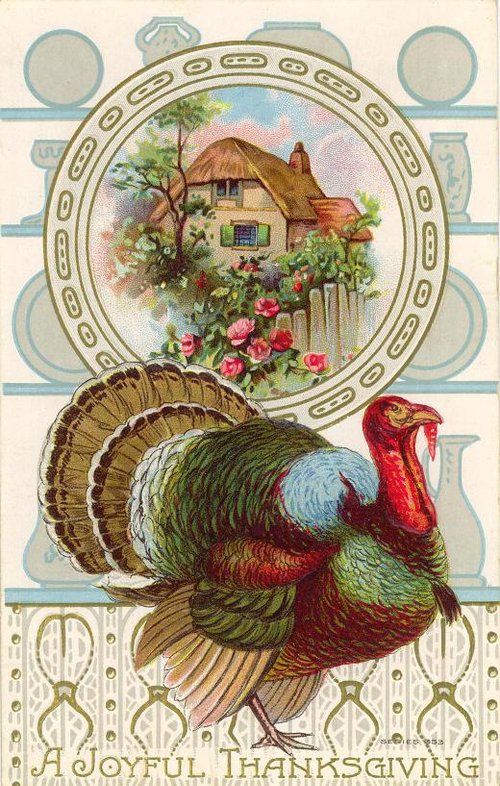 Victorian Thanksgiving Turkey & Cottage Greeting Card