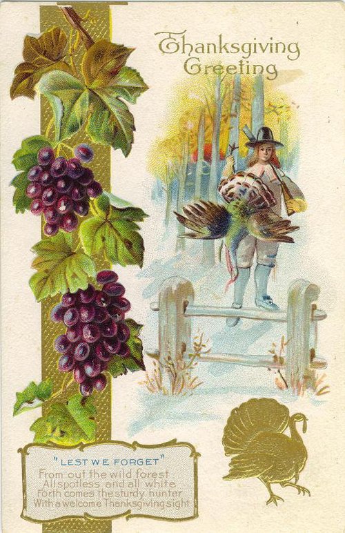 Vintage Thanksgiving Greeting Card with Hunter & Grapes | Edwardian Era
