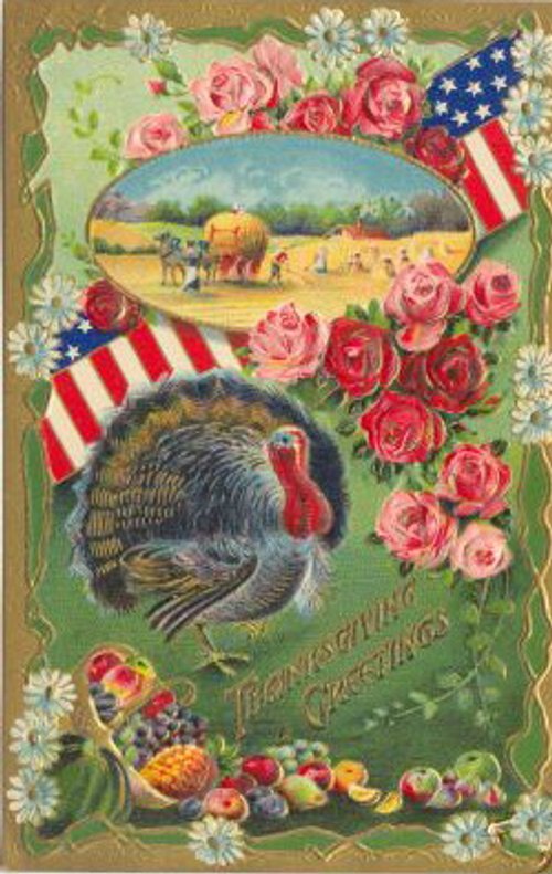 Vintage Thanksgiving Greeting Card with Turkey & Patriotic Flags