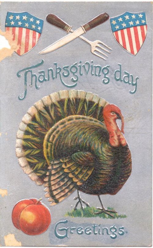 Vintage Thanksgiving Day Greeting Card with Turkey & Patriotic Shields