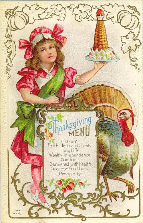 Victorian Thanksgiving Menu Card with Girl & Turkey