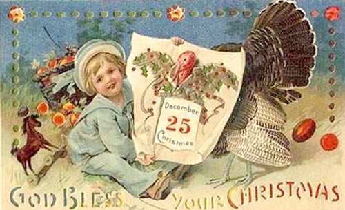 Victorian Christmas Greeting Card with Turkey & Child, 1890s