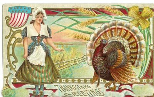 Vintage Thanksgiving Turkey Greeting Card with American Patriot Woman
