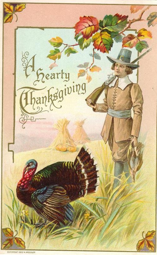 Vintage Hearty Thanksgiving Greeting Card with Hunter & Turkey