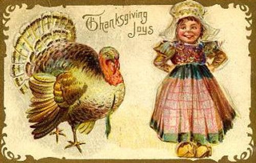 Vintage Thanksgiving Die-Cut Card with Turkey & Girl