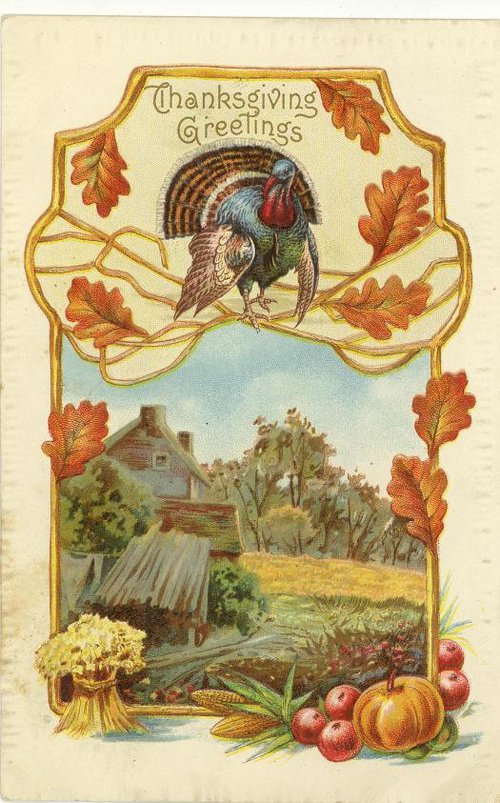 Vintage Thanksgiving Greetings Card with Turkey, Autumn Leaves & Farm Scene