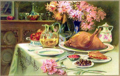 Victorian Thanksgiving Dinner Table Greeting Card Chromolithograph
