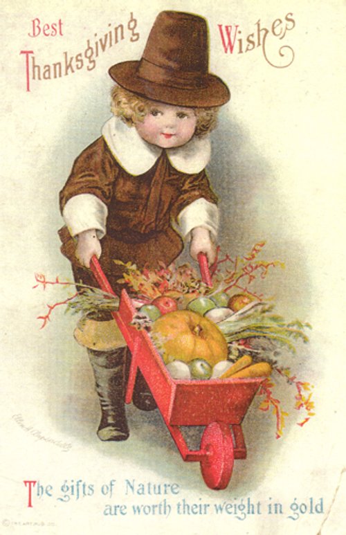 Victorian Thanksgiving Child with Wheelbarrow Harvest