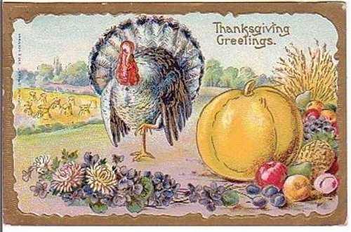 Vintage Thanksgiving Greeting Card with Turkey & Harvest Abundance