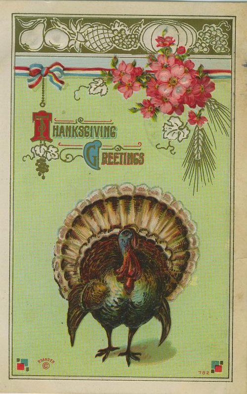 Vintage Thanksgiving Greeting Card Turkey & Pink Flowers