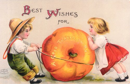 Vintage Thanksgiving Greeting Card with Children and Giant Pumpkin