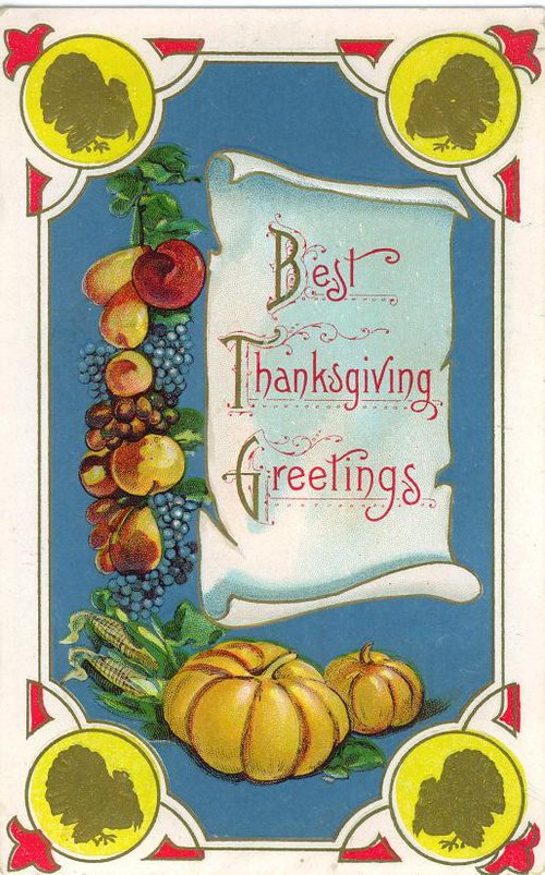 Vintage Thanksgiving Greeting Card with Harvest Fruit & Cornucopia Art
