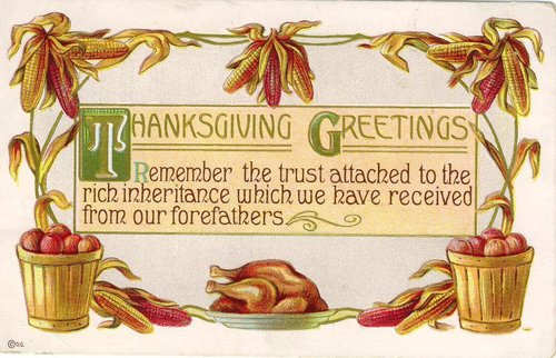 Victorian Thanksgiving Greetings Card with Corn & Harvest Baskets