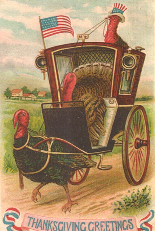 Vintage Thanksgiving Greeting Card with Patriotic Turkey Cart