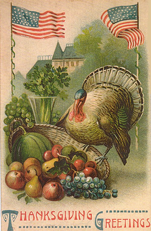 Vintage Thanksgiving Greeting Card with Turkey & American Flags