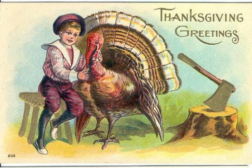 Victorian Thanksgiving Greetings Card with Boy and Turkey