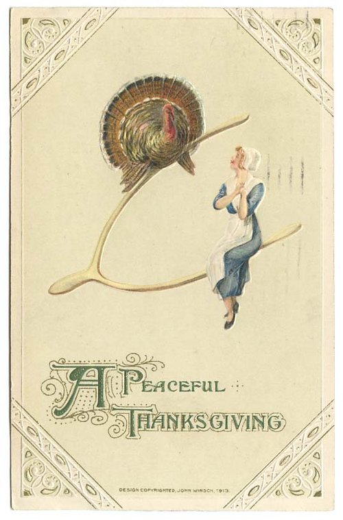 Vintage Thanksgiving Greeting Card with Turkey & Woman
