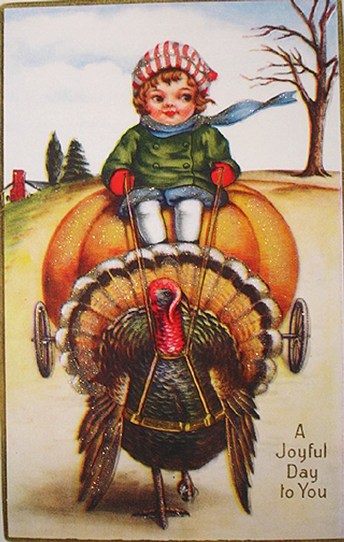 Vintage Thanksgiving Turkey Child Pumpkin Greeting Card Early 1900s