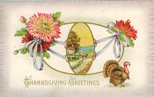 Victorian Thanksgiving Greeting Card with Chrysanthemums and Turkey