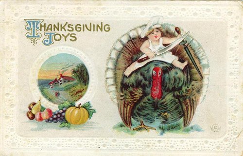 Vintage Thanksgiving Joys Card | Victorian Die-Cut with Turkey