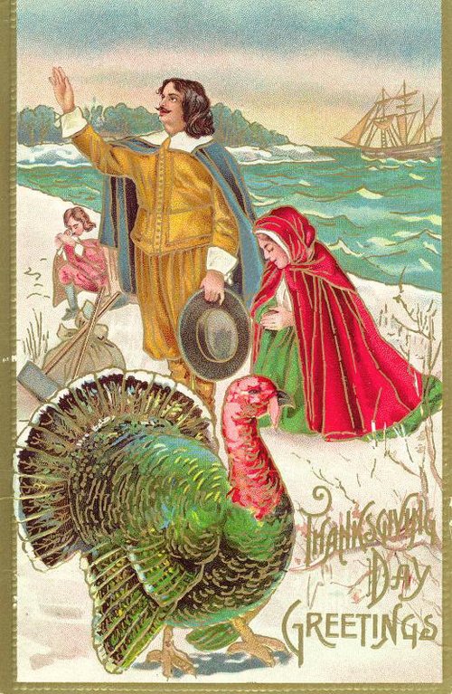 Vintage Thanksgiving Greeting Card Colonial Explorer Pilgrim Turkey