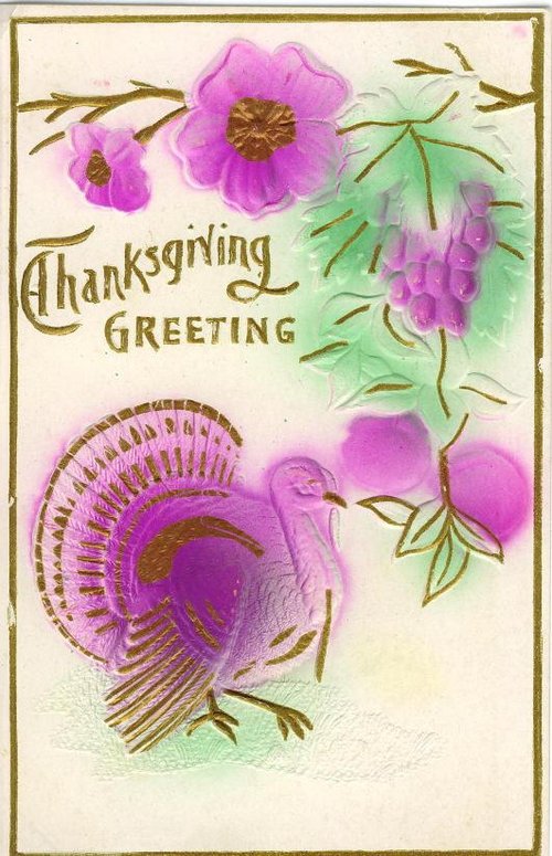 Vintage Thanksgiving Greeting Card with Turkey & Flowers